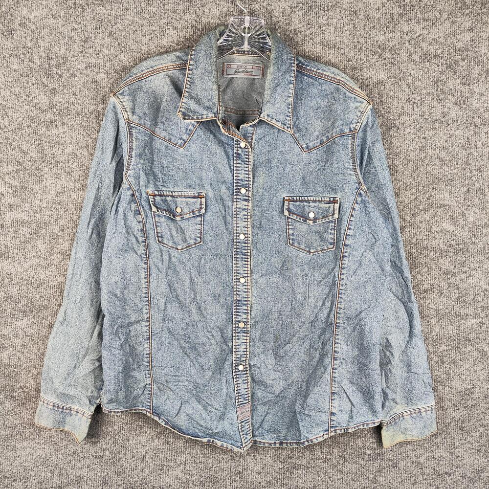 Levi Strauss Signature Shirt Womens Medium Blue Denim Western Snap Long Sleeve